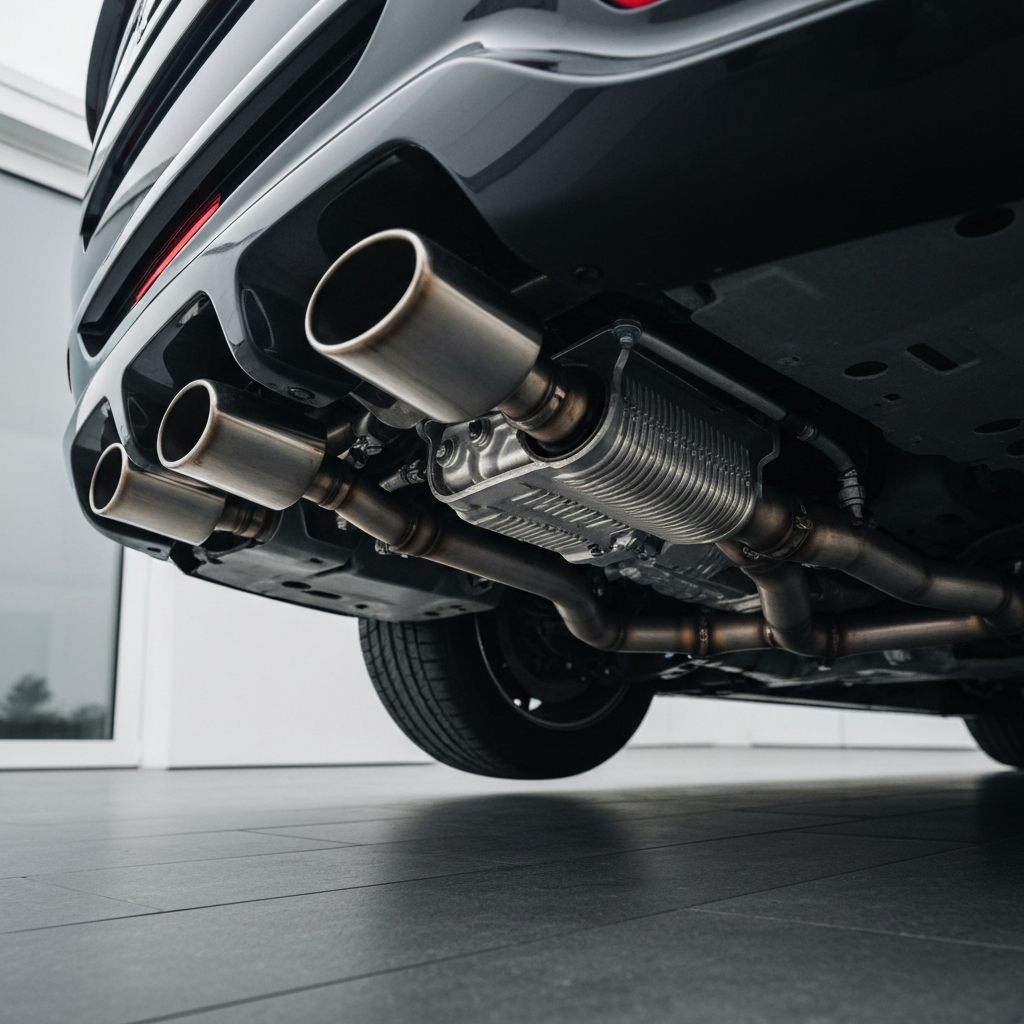 Low-angle shot underneath a car, showcasing the exhaust system. Emphasis on the texture of the metal and the connections between different parts.