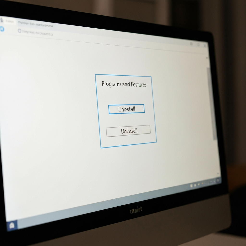 Close-up shot of a computer monitor displaying the "Programs and Features" window, highlighting the uninstall button with a soft, diffused light.
