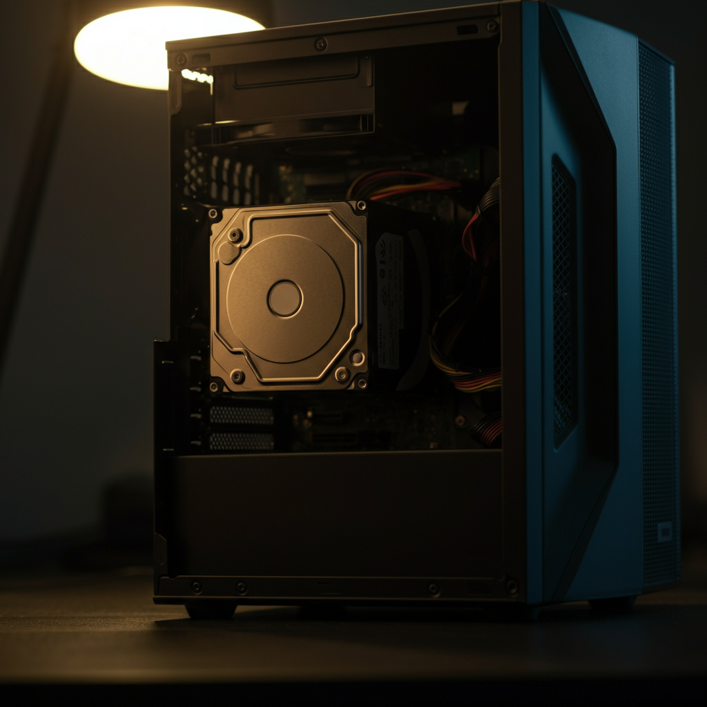 A computer case partially open, showing the interior with the hard drive clearly visible. Soft, indirect lighting emphasizes the drive's metallic texture.