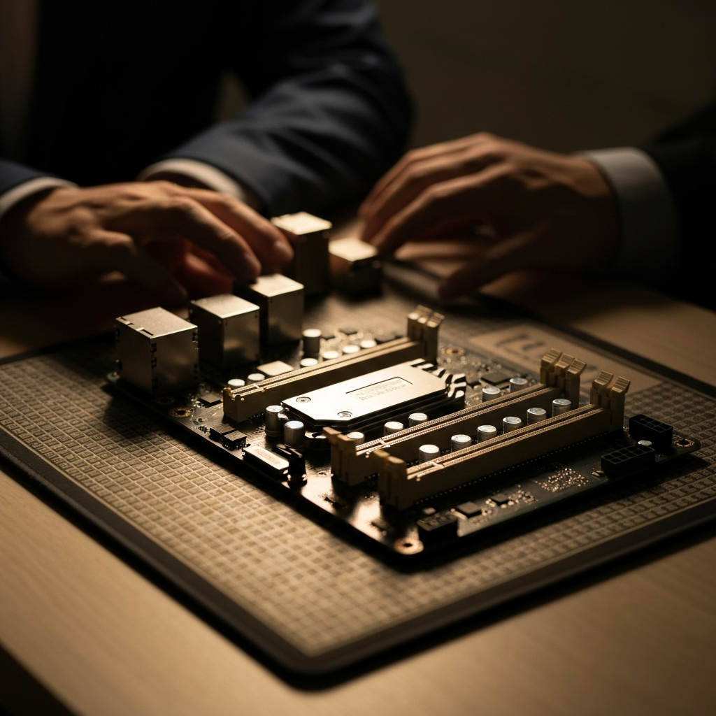 A motherboard lying on an anti-static mat, with RAM slots clearly visible. Golden hour lighting emphasizes the textures of the components.