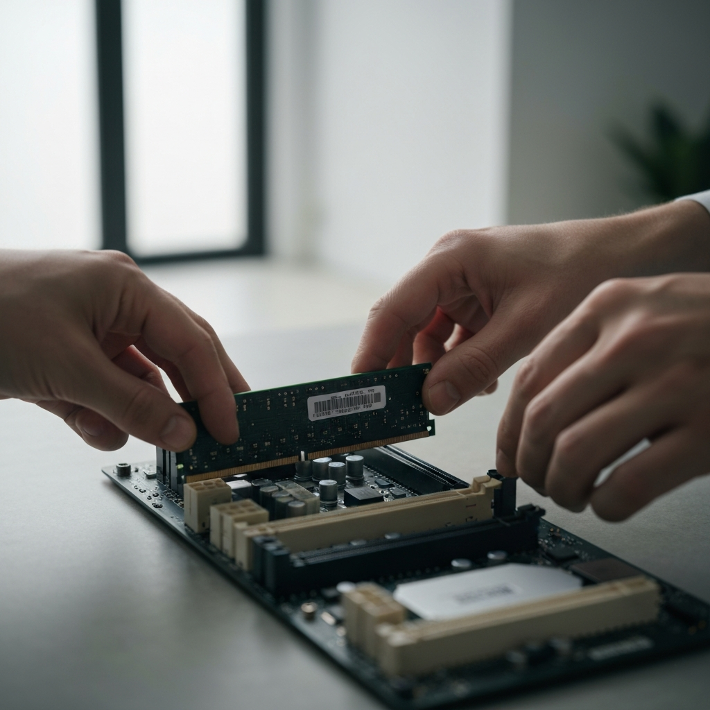 Two hands carefully installing a RAM module into a motherboard slot. The lighting is soft and focused, highlighting the connection point and the delicate nature of the process.