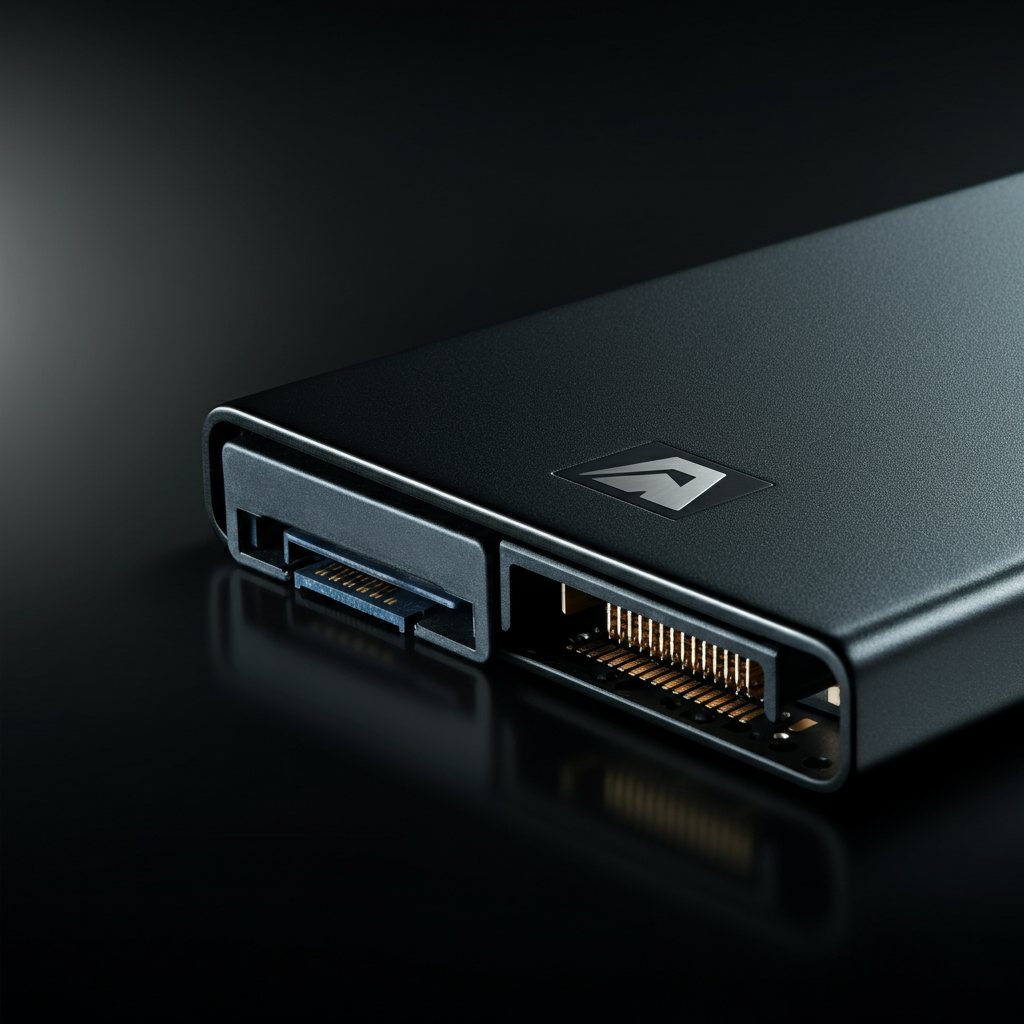 A close-up shot of an SSD, showcasing its sleek design and the manufacturer's logo. The lighting is soft and diffused, highlighting the textures of the casing.