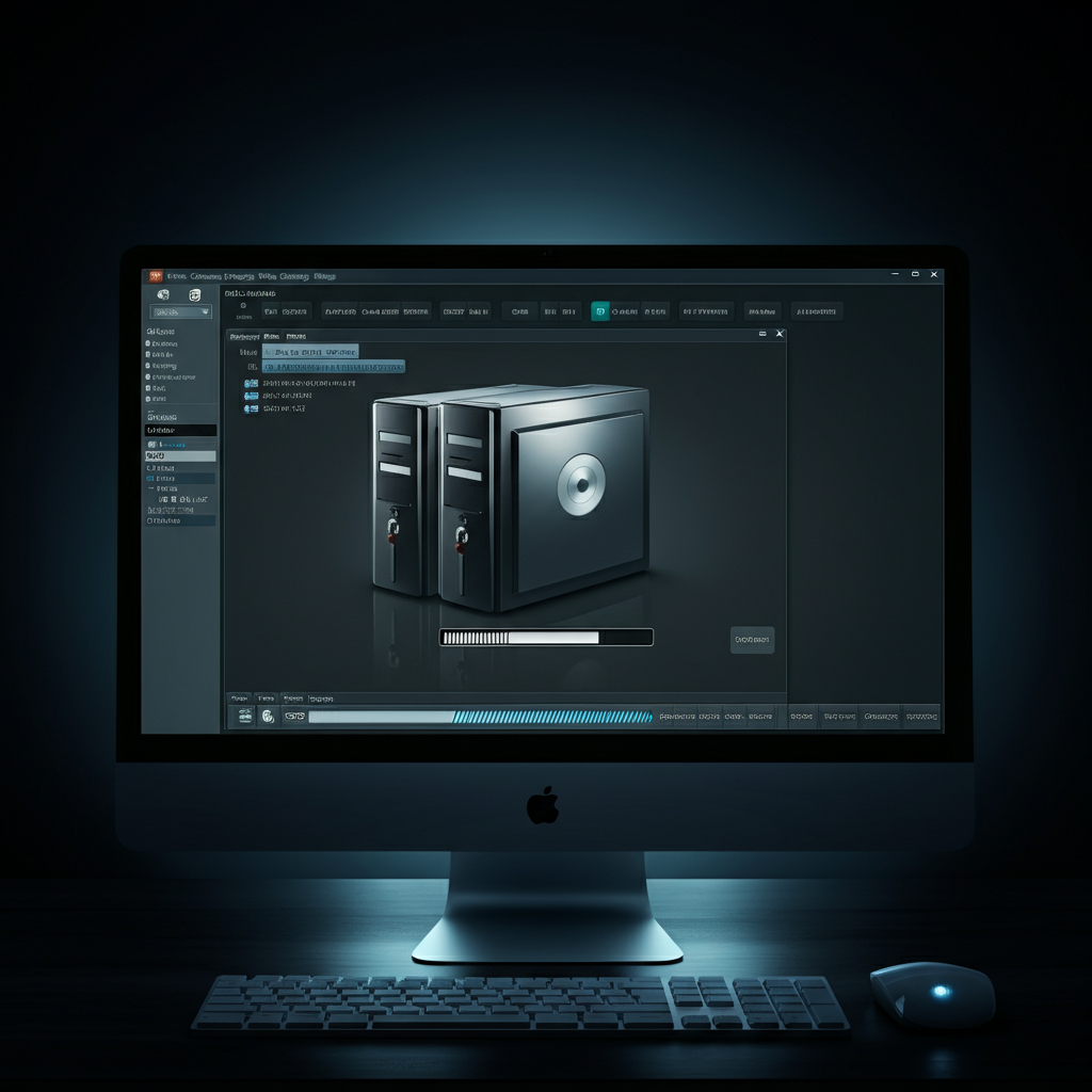 A computer screen displaying disk cloning software, with a progress bar indicating the cloning process. The room is dimly lit, with a focus on the screen's glow.