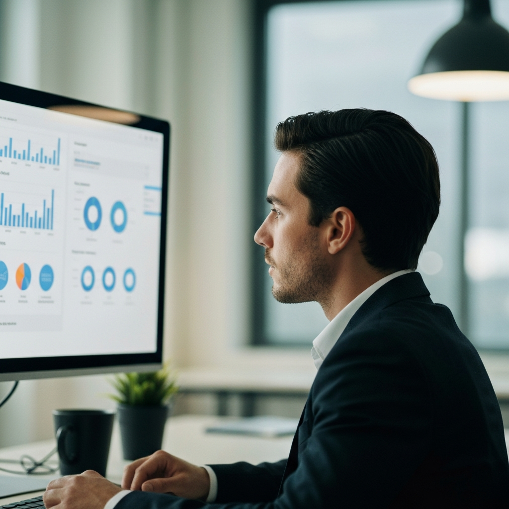 A brightly lit, modern office space. A person is looking intently at a large monitor displaying data charts and audience personas. Soft bokeh in the background blurs the office environment.