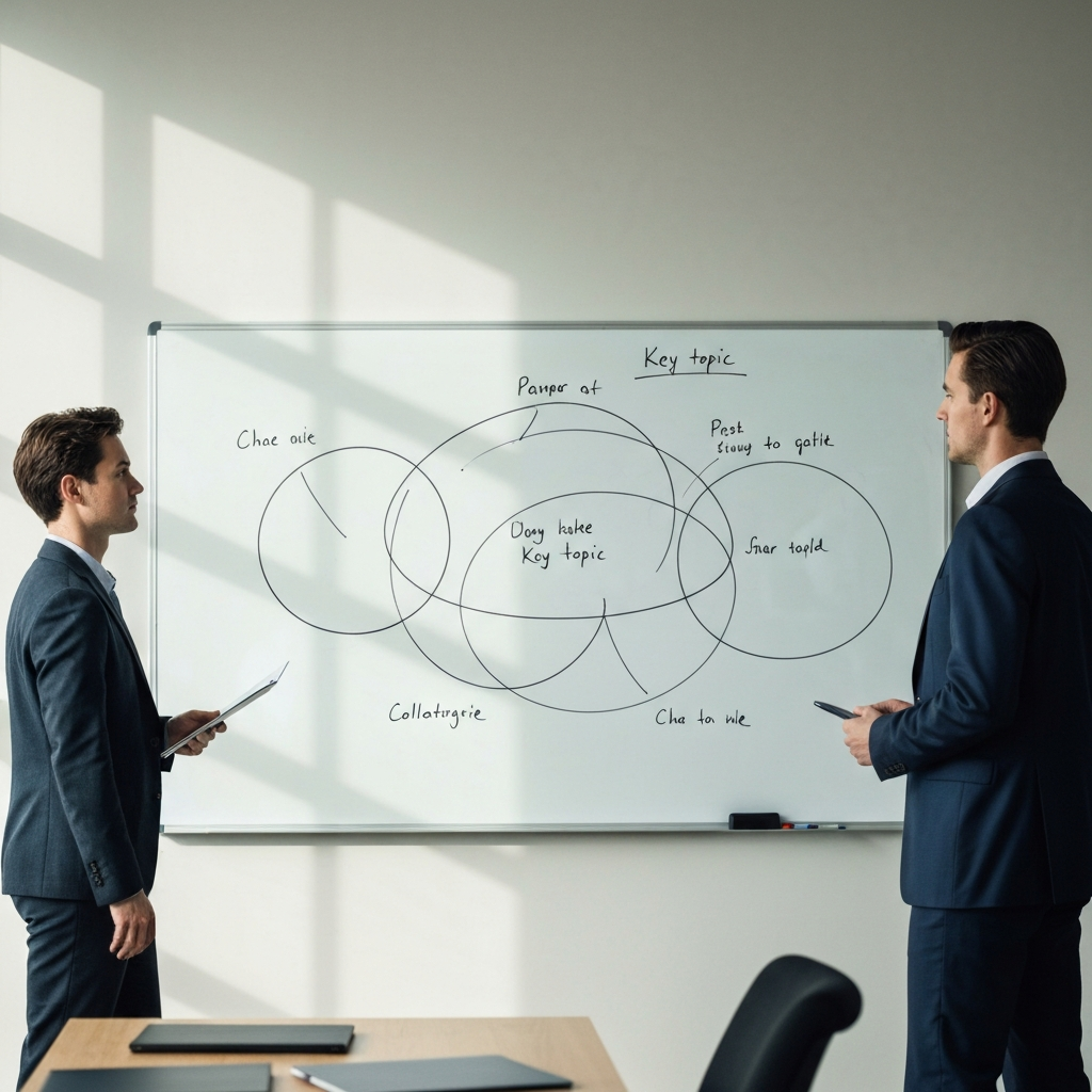A whiteboard in a collaborative workspace. Several hand-drawn circles intersect, each labeled with a key topic. A soft, diffused light illuminates the board and surrounding area.