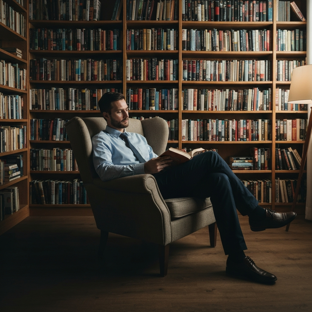 A cozy library with shelves filled with books. A person is sitting in a comfortable armchair, reading intently with a focused expression. Natural light streams in from a nearby window.