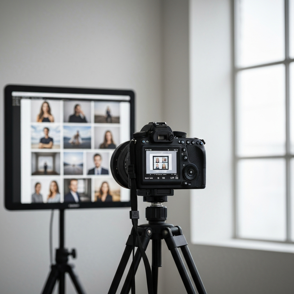 A professional photographer's studio. A camera is pointed at a display screen showcasing a variety of compelling images. Soft directional lighting enhances the textures and colors of the images.