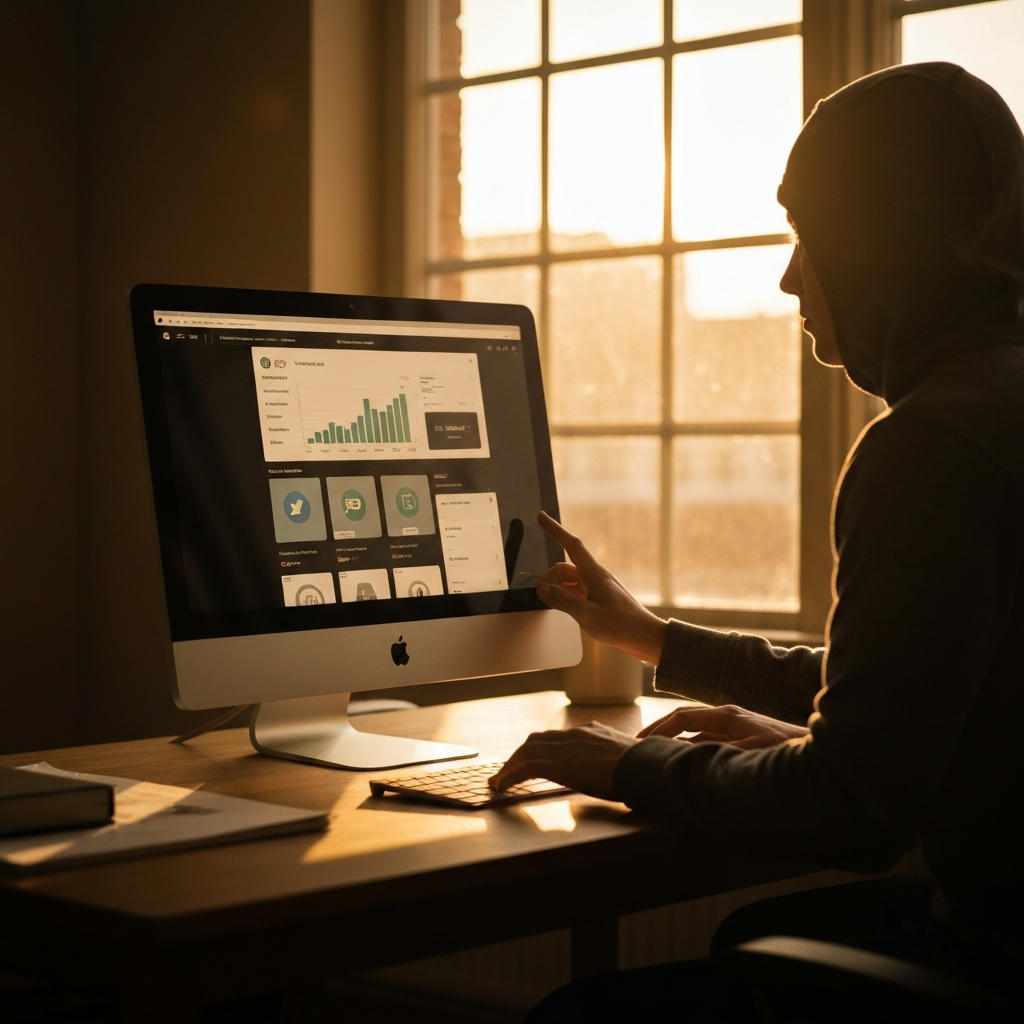 A person working at a computer, actively sharing content across various social media platforms. The screen displays different social media interfaces and engagement metrics. Golden hour lighting filters in from a window.