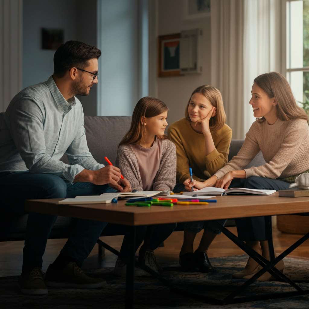 A brightly lit living room. A family of four is gathered around a coffee table with open notebooks and colorful pens. Soft, diffused light streams in from a nearby window, illuminating their faces as they brainstorm ideas. The composition focuses on the genuine smiles and engaged expressions of each family member.