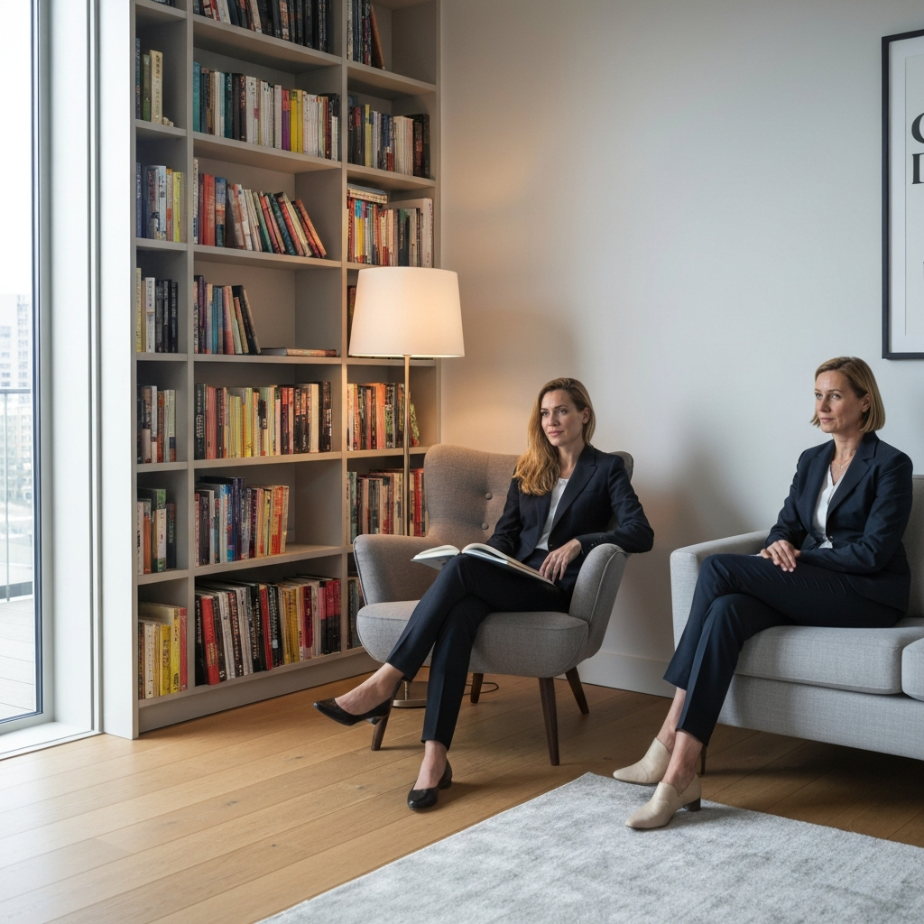 A cozy corner of a living room, transformed into a reading nook. A plush armchair sits next to a floor lamp, casting a warm glow on a nearby bookshelf filled with colorful books. The image has a shallow depth of field, blurring the background slightly to draw attention to the inviting reading space.