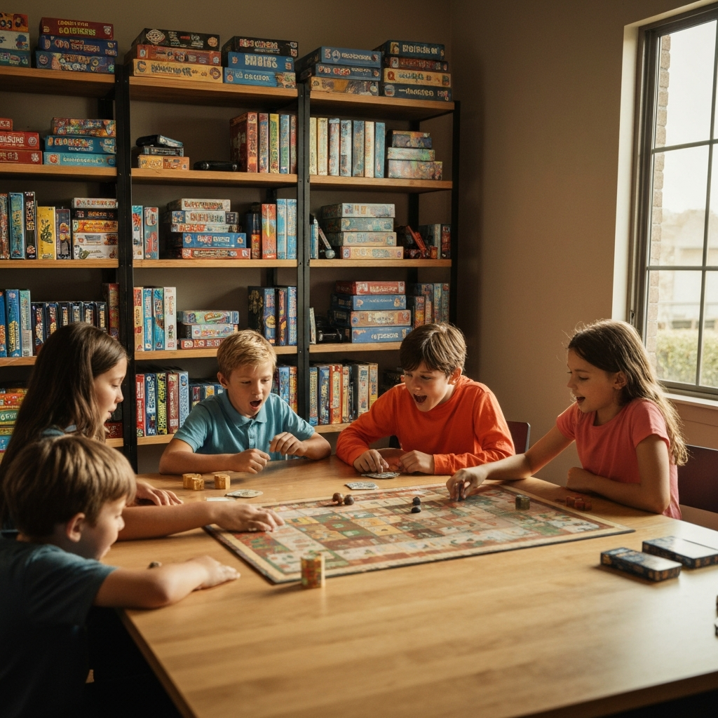 A brightly lit game room. Shelves are filled with a variety of board games, card games, and video games, all neatly organized. A group of children are gathered around a table, playing a board game with intense focus and excited expressions. Natural light streams in from a nearby window.