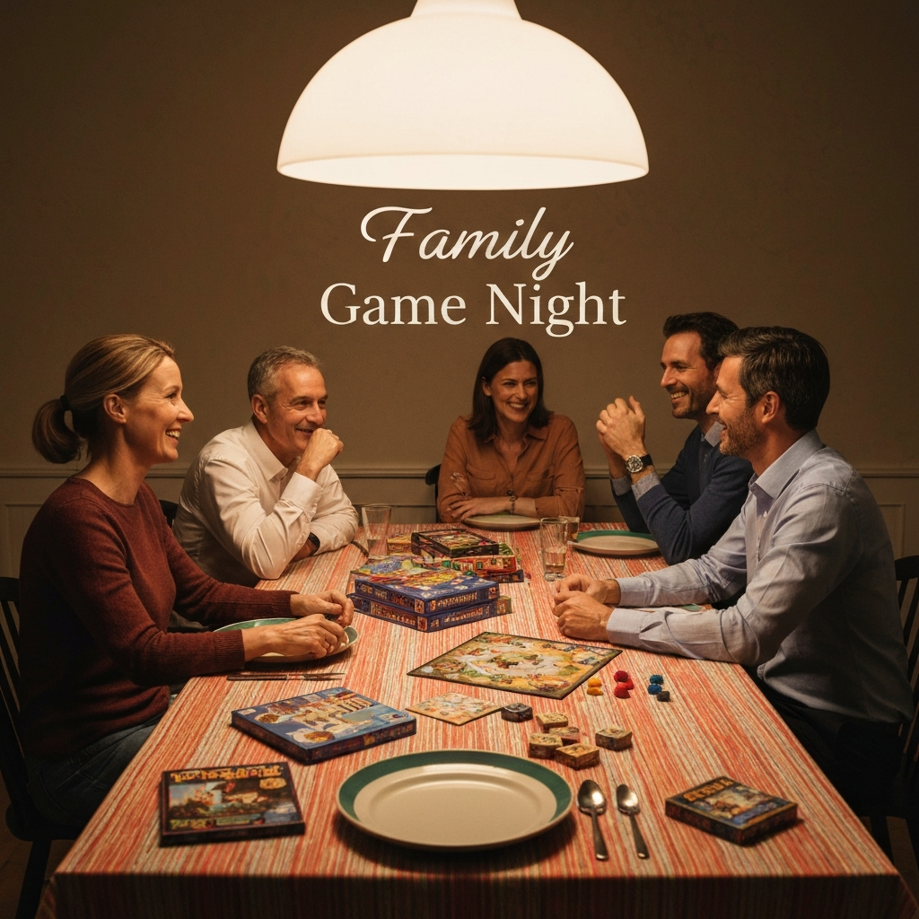A dining room table set for "Family Game Night." The table is covered with a colorful tablecloth and various board games are spread out. Warm, inviting lighting illuminates the scene, creating a sense of coziness and anticipation. Family members are sitting around the table, laughing and talking.