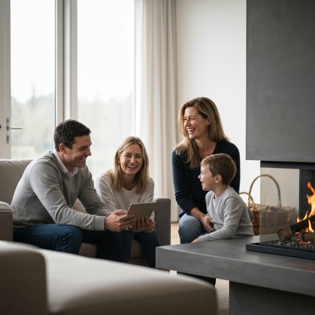 A family is gathered around a fireplace, sharing stories and laughing. Soft, warm lighting illuminates their faces, and no electronic devices are visible. The focus is on their genuine connection and engagement with each other. The room is softly lit by the fire.