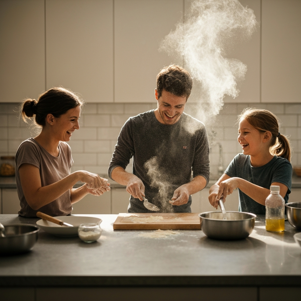 A family is gathered in the kitchen, cooking together. Flour dusts the air as they laugh and work together to prepare a meal. Natural light floods the room, highlighting the textures of the ingredients and the joyful expressions of the family members. The counters are clean and organized, showing a structured, yet comfortable, learning environment.