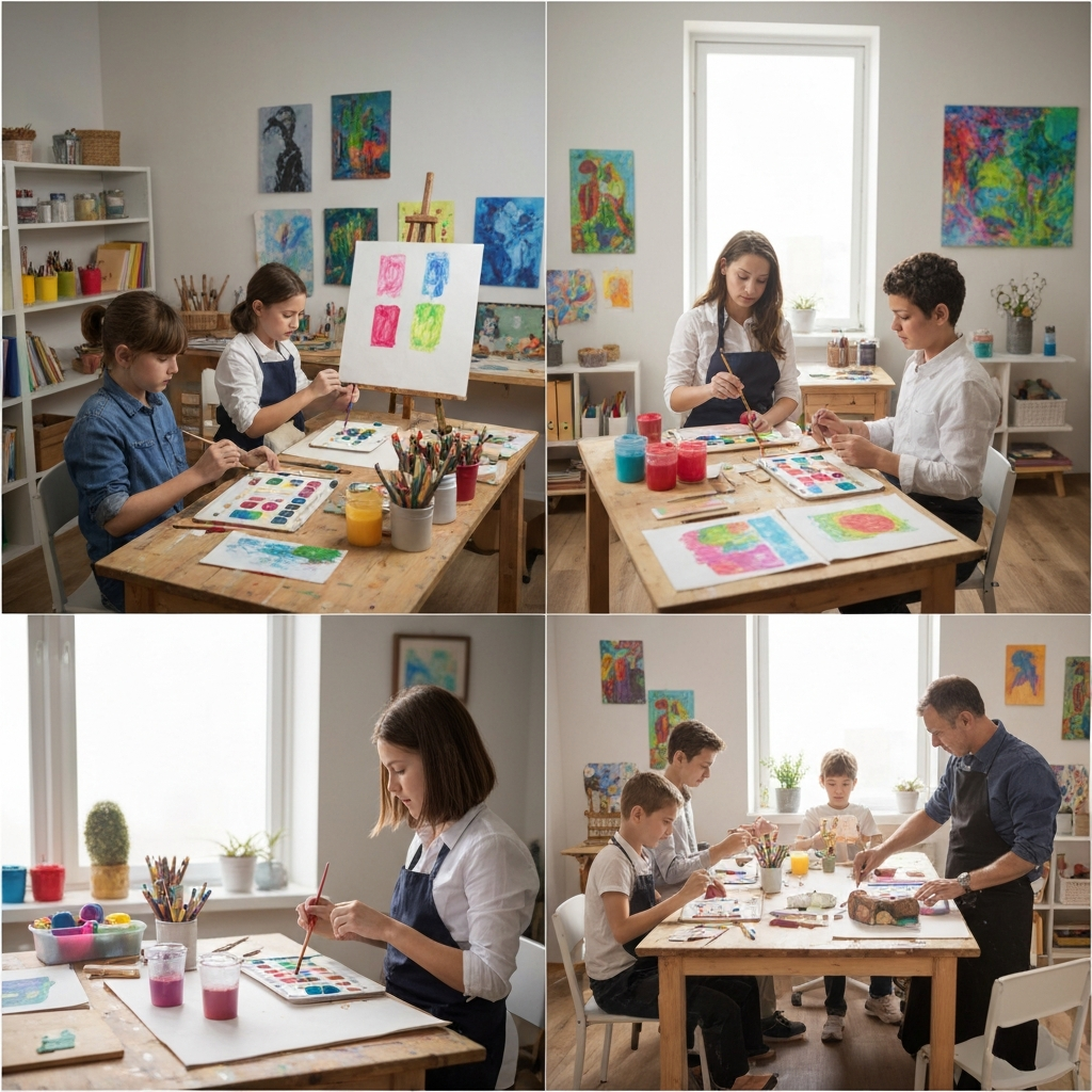 A brightly lit art room filled with colorful supplies. Children are engaged in various art projects, such as painting, drawing, and sculpting. The room is organized and inspiring, with artwork displayed on the walls. Soft, natural light fills the space.