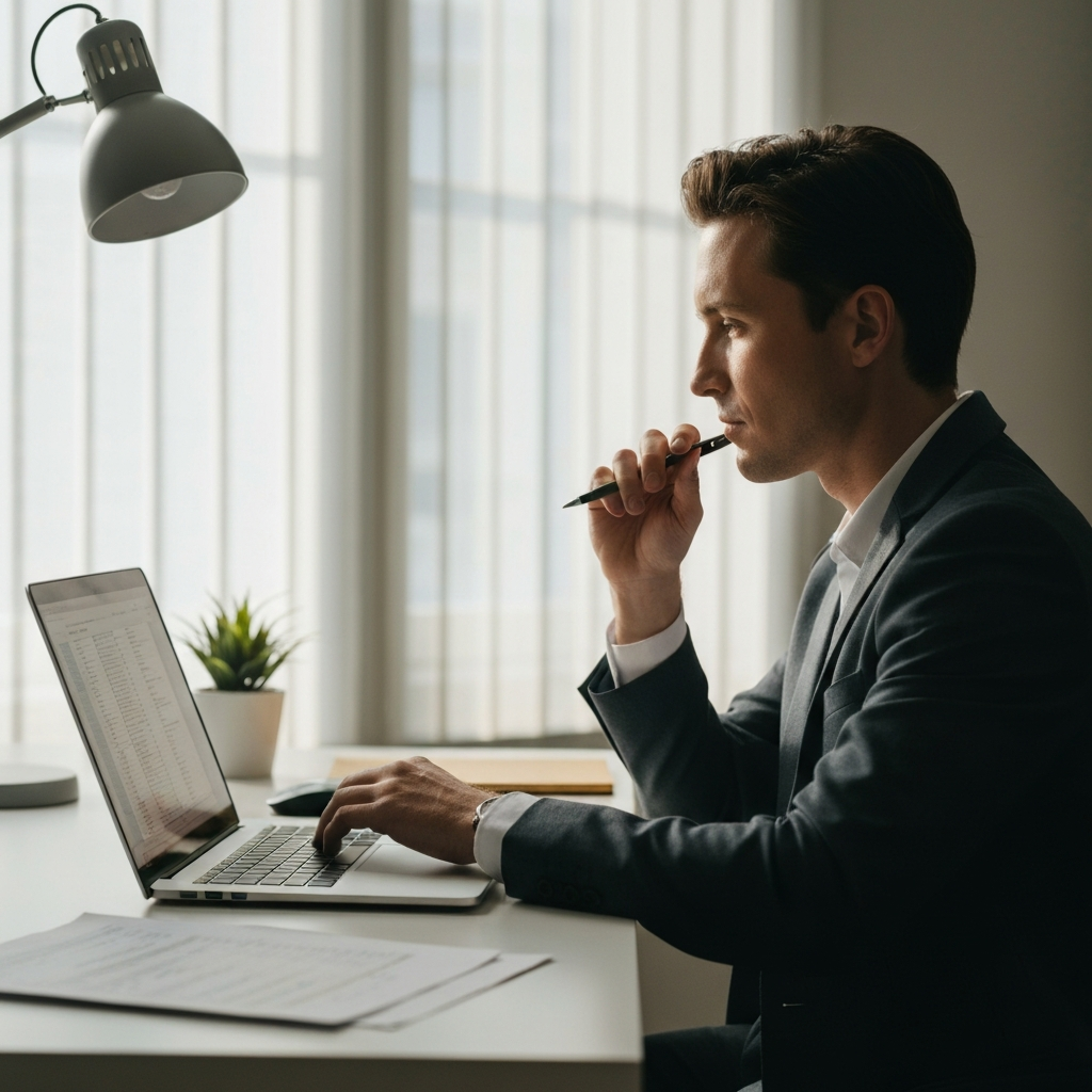 A person sitting at a desk, bathed in soft, diffused light from a nearby window. They are reviewing a spreadsheet on their laptop, with a pen in hand and a thoughtful expression. The desk is clean and organized, with a small plant adding a touch of life to the scene. 