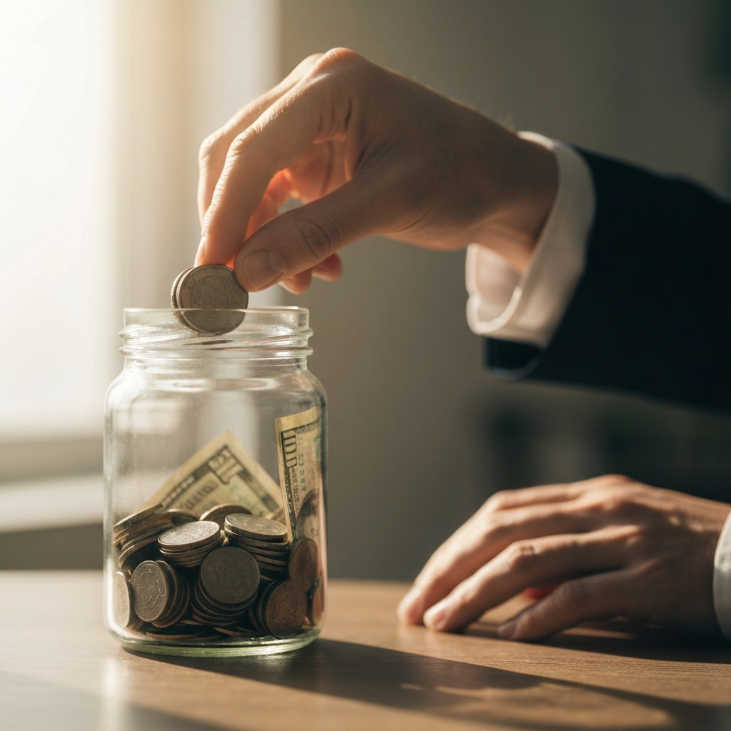 Close-up of a hand placing coins into a glass jar filled with cash. Soft, golden light highlights the textures of the coins and bills. The background is blurred, focusing attention on the act of saving. 