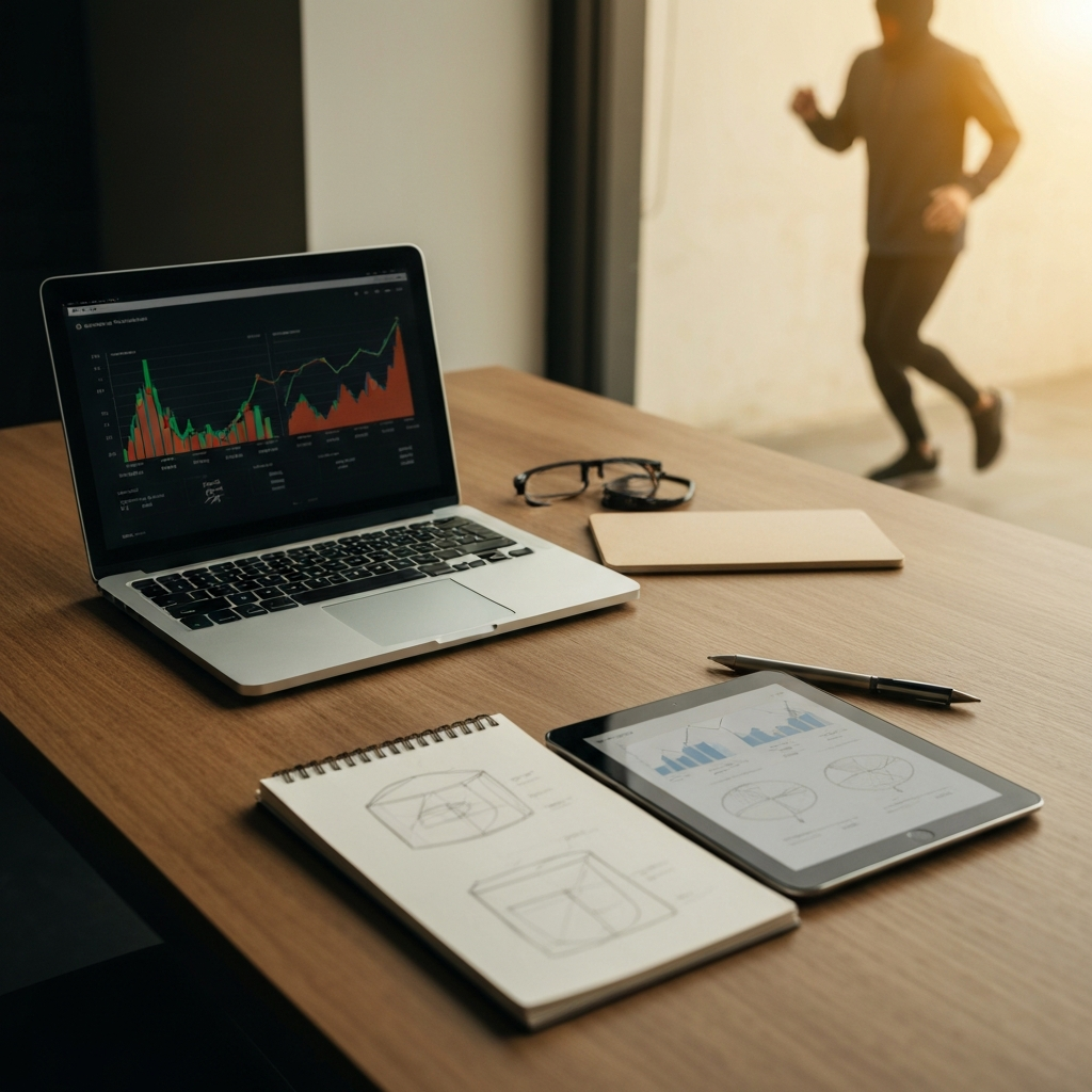 A workstation featuring a laptop, a tablet displaying analytics, and a sketchpad with product designs. Natural light streams in from the side, illuminating the various tools of the trade. The overall composition is balanced and professional, suggesting a diversified approach to business.