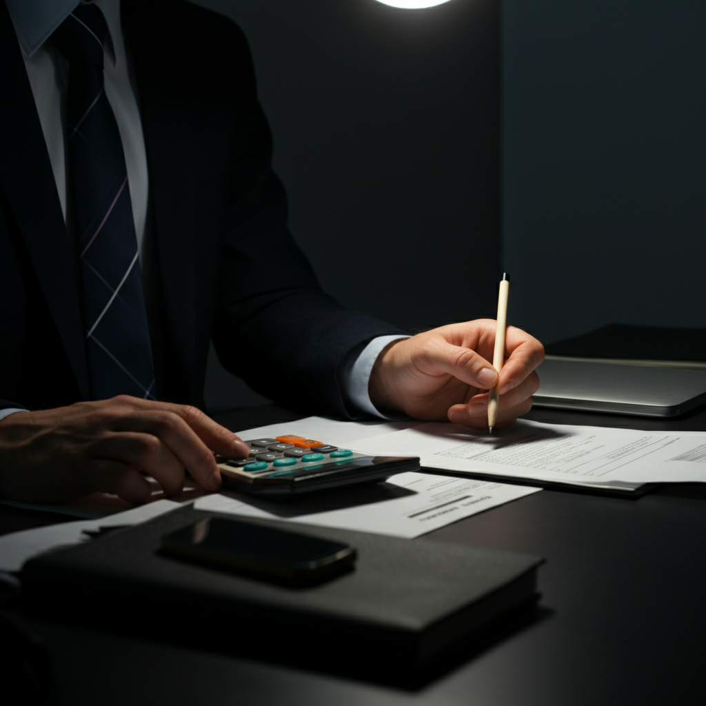 A person carefully reviewing a bill, with a calculator and a notepad nearby. The scene is lit by a desk lamp, creating a focused and detail-oriented atmosphere. The colors are muted and professional, emphasizing the importance of financial prudence.