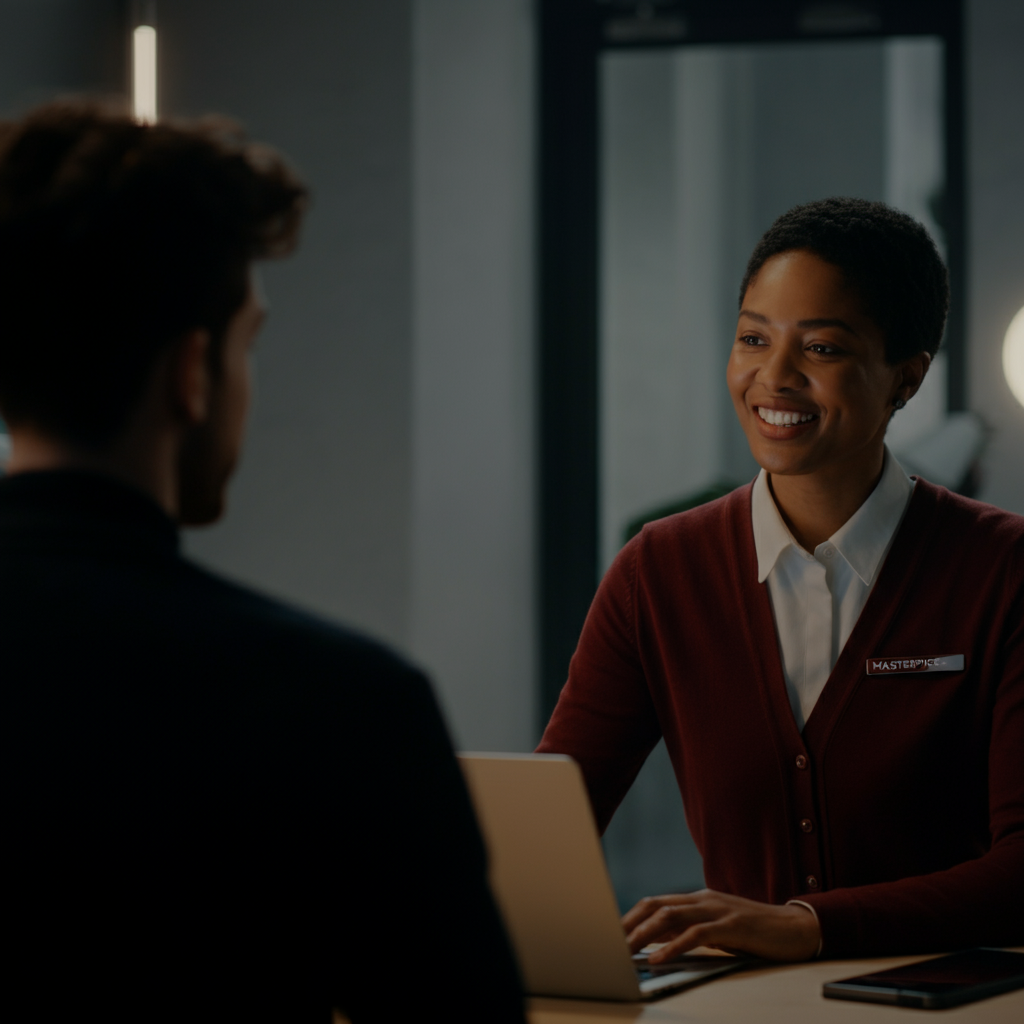 A brightly lit, modern workspace with a person interacting warmly with a customer. The background is slightly blurred, creating a sense of intimacy and focus on the interaction. The overall tone is friendly and professional, emphasizing excellent customer service.