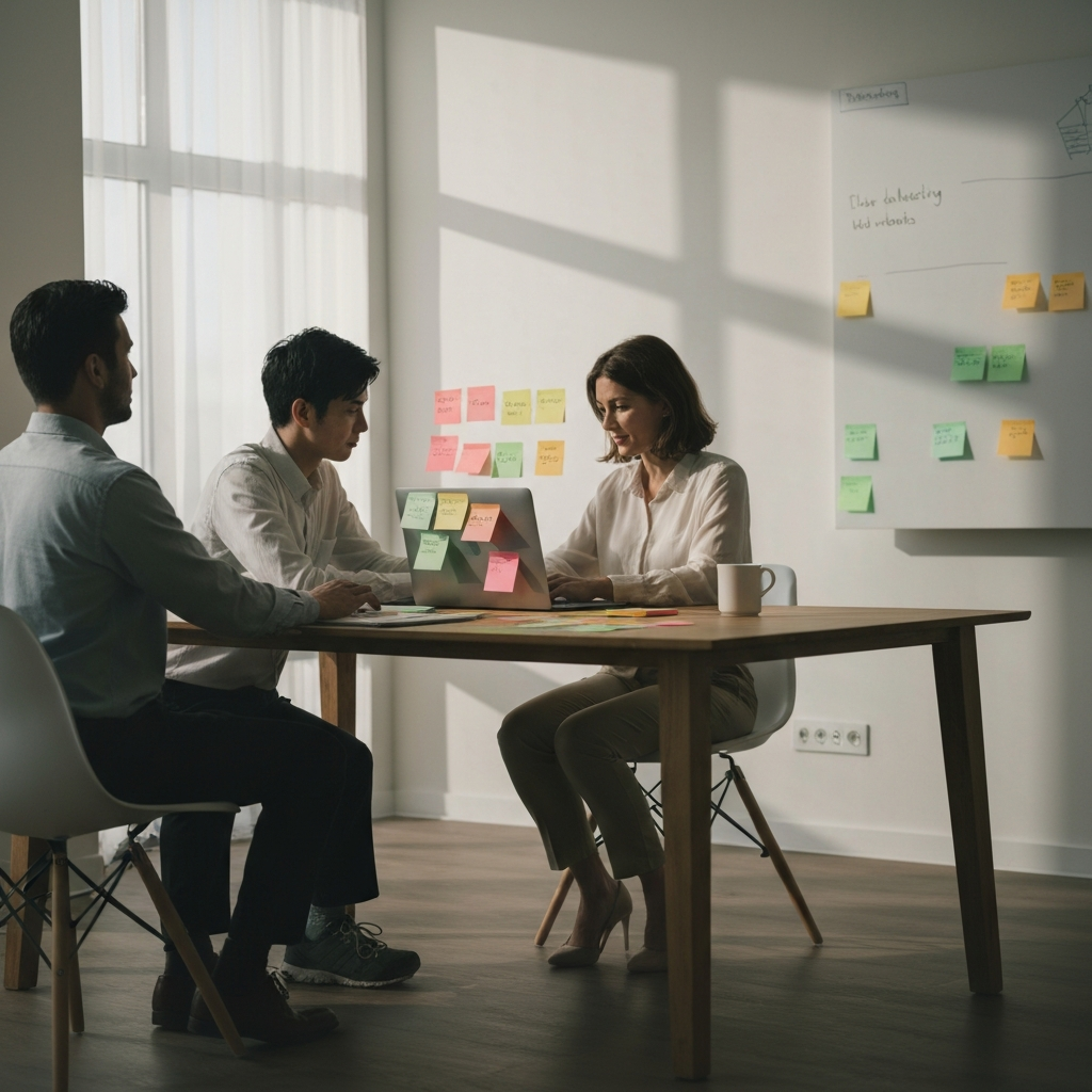 A person working on a laptop, surrounded by sticky notes with marketing ideas. The room is bathed in soft, natural light, creating a creative and brainstorming atmosphere. The scene conveys a sense of strategic planning and adaptation.