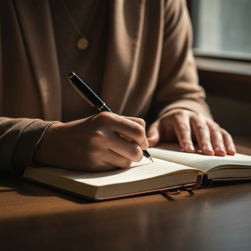 A close-up shot of a person's hands writing in a leather-bound journal. Soft, diffused natural light illuminates the page, emphasizing the texture of the paper and the movement of the pen.
