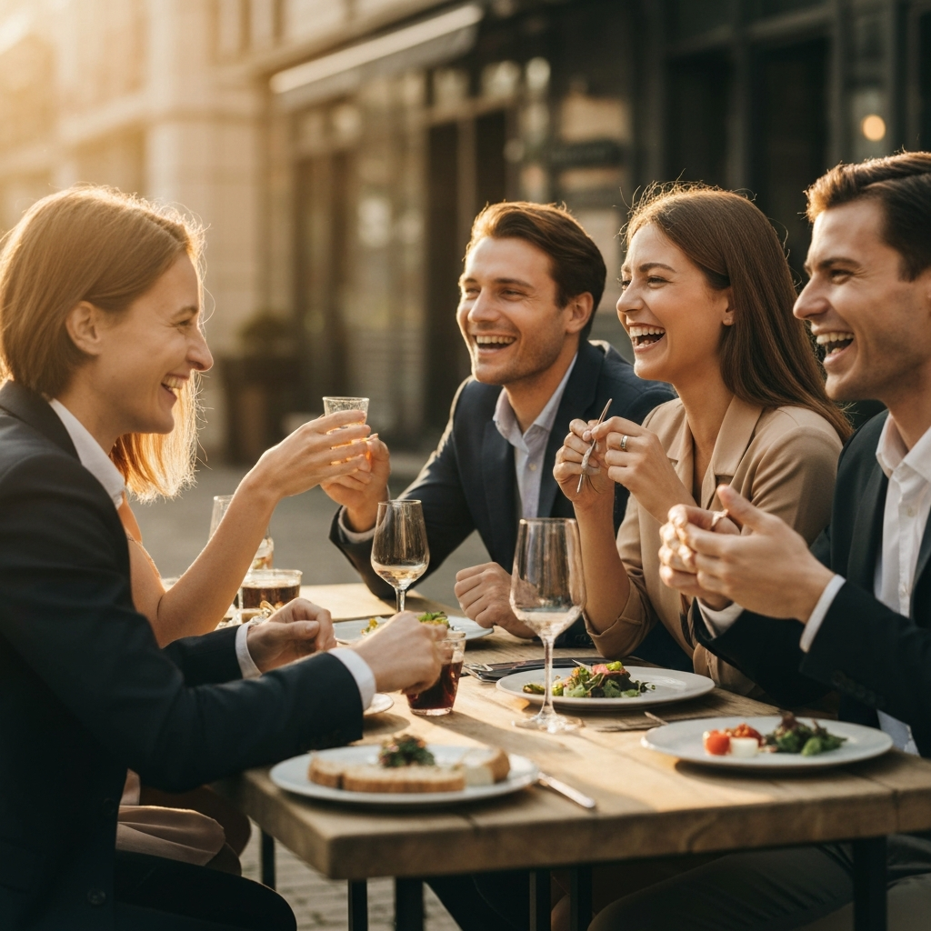 A group of friends laughing and enjoying a meal together at an outdoor cafe. Golden hour lighting bathes the scene in a warm glow, emphasizing the textures of the food and the expressions on their faces. The scene is filled with joy and camaraderie.