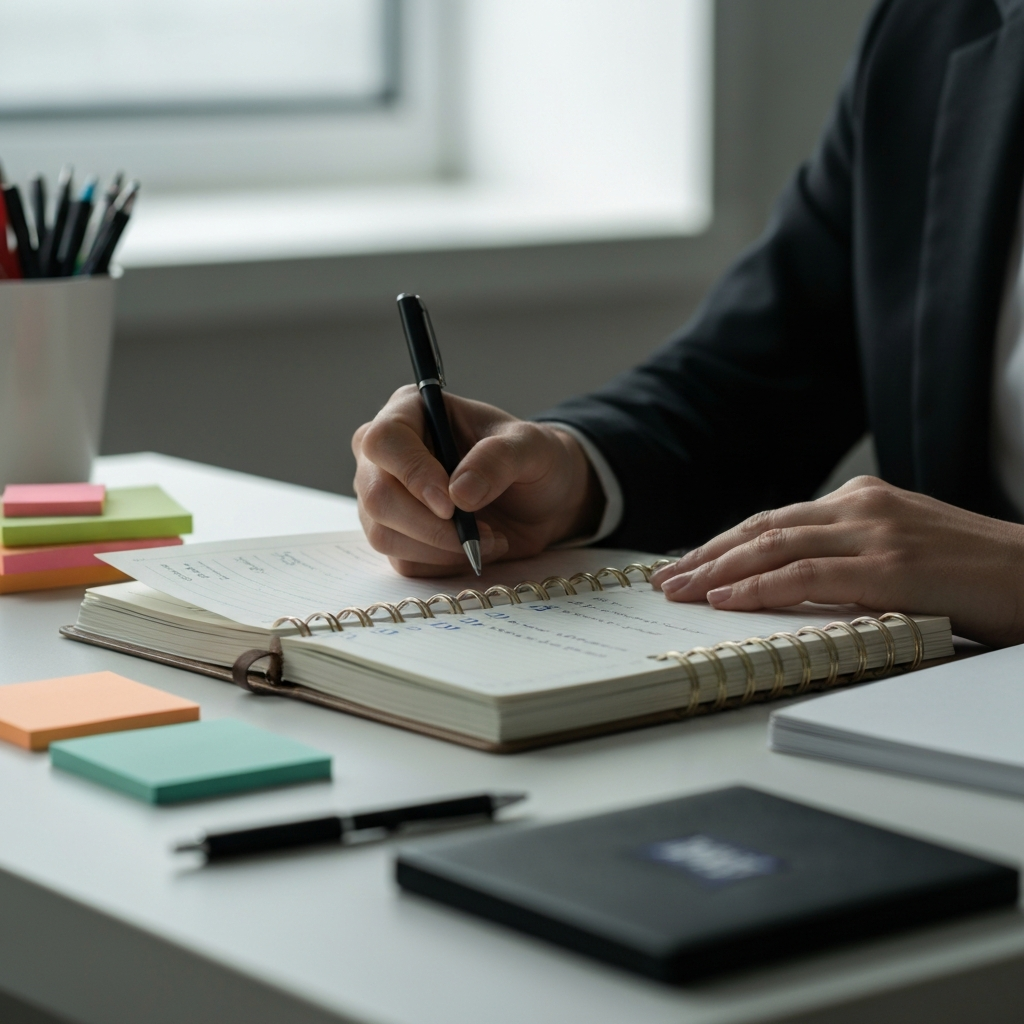 A person checking off items on a to-do list in a planner. The lighting is soft and focused, highlighting the planner and the person's hand. Pens, sticky notes, and other organizational tools are visible in the background, suggesting a well-organized and productive individual.