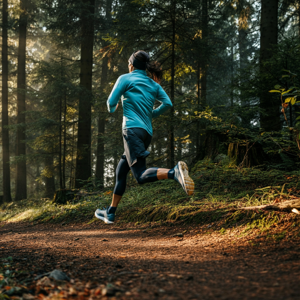 A person running on a trail through a forest, bathed in soft morning light. The focus is on their movement and the surrounding nature. The scene is peaceful and invigorating.