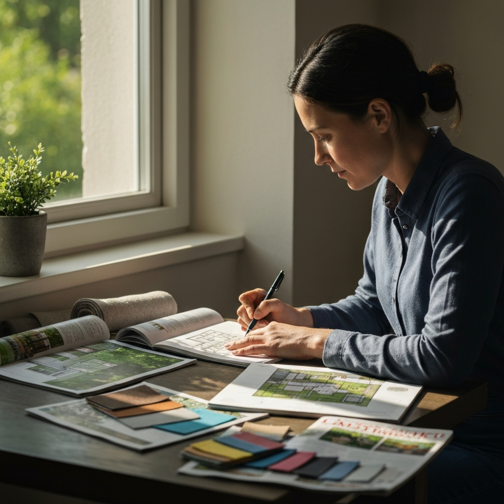 A person sketching a backyard design on a notepad, surrounded by gardening magazines and fabric swatches, with natural sunlight streaming through a window.