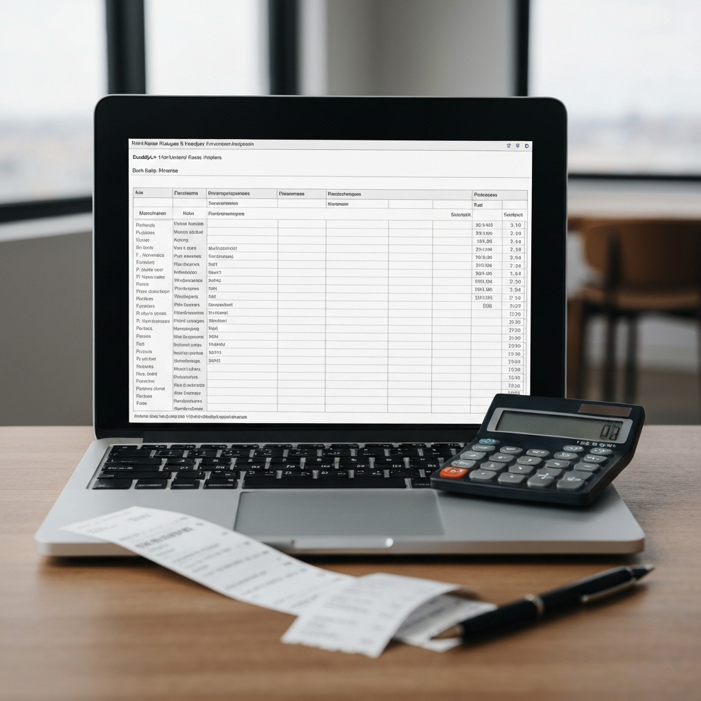 A spreadsheet on a laptop displaying budget categories and expenses, with a calculator and receipts scattered around.