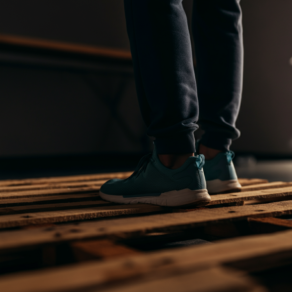 A close-up shot of a sanded and stained wooden pallet, showing the grain of the wood and the smooth texture, with soft bokeh in the background.