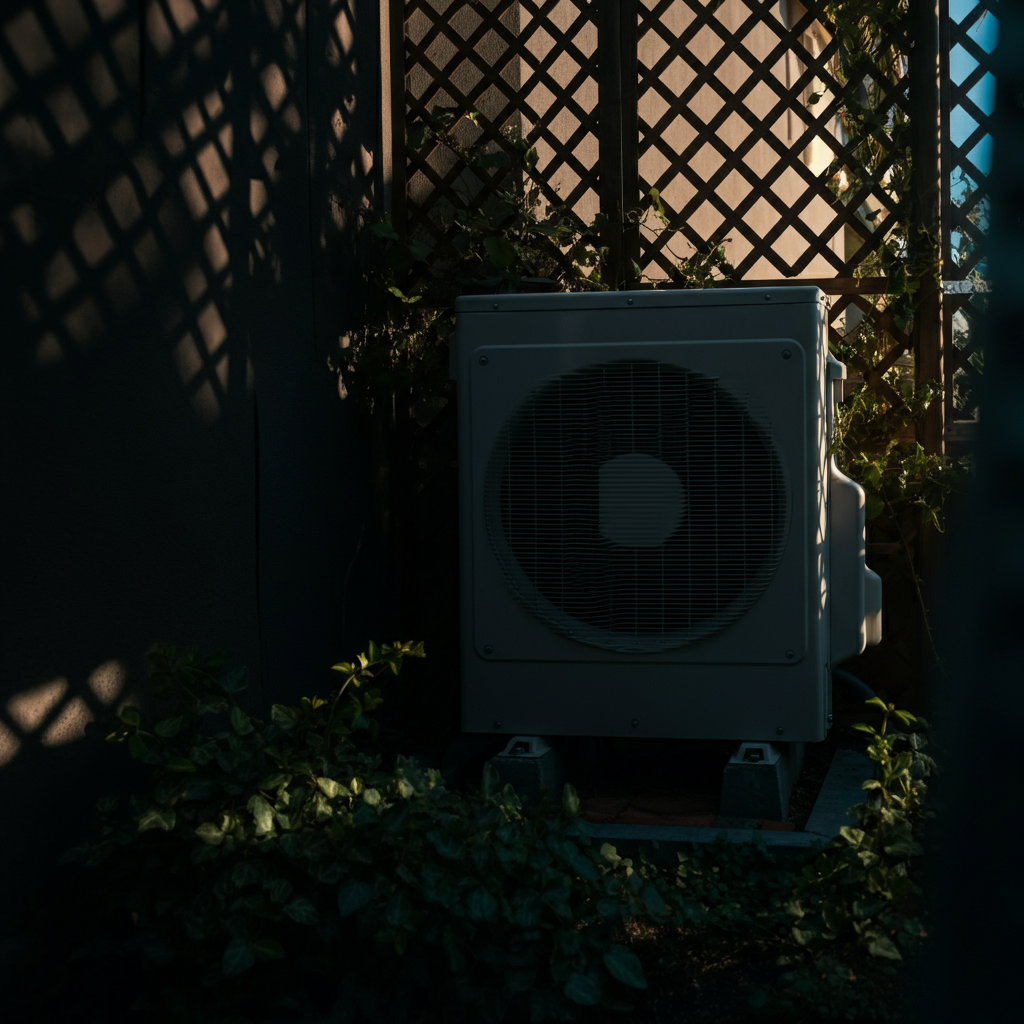 A well-maintained air conditioning unit partially obscured by a decorative lattice screen, with plants growing around the base and soft shadows cast by the afternoon sun.