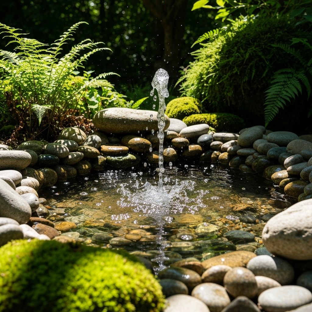 A small, bubbling fountain made of natural stones and pebbles, with water cascading gently into a shallow basin, surrounded by lush greenery.