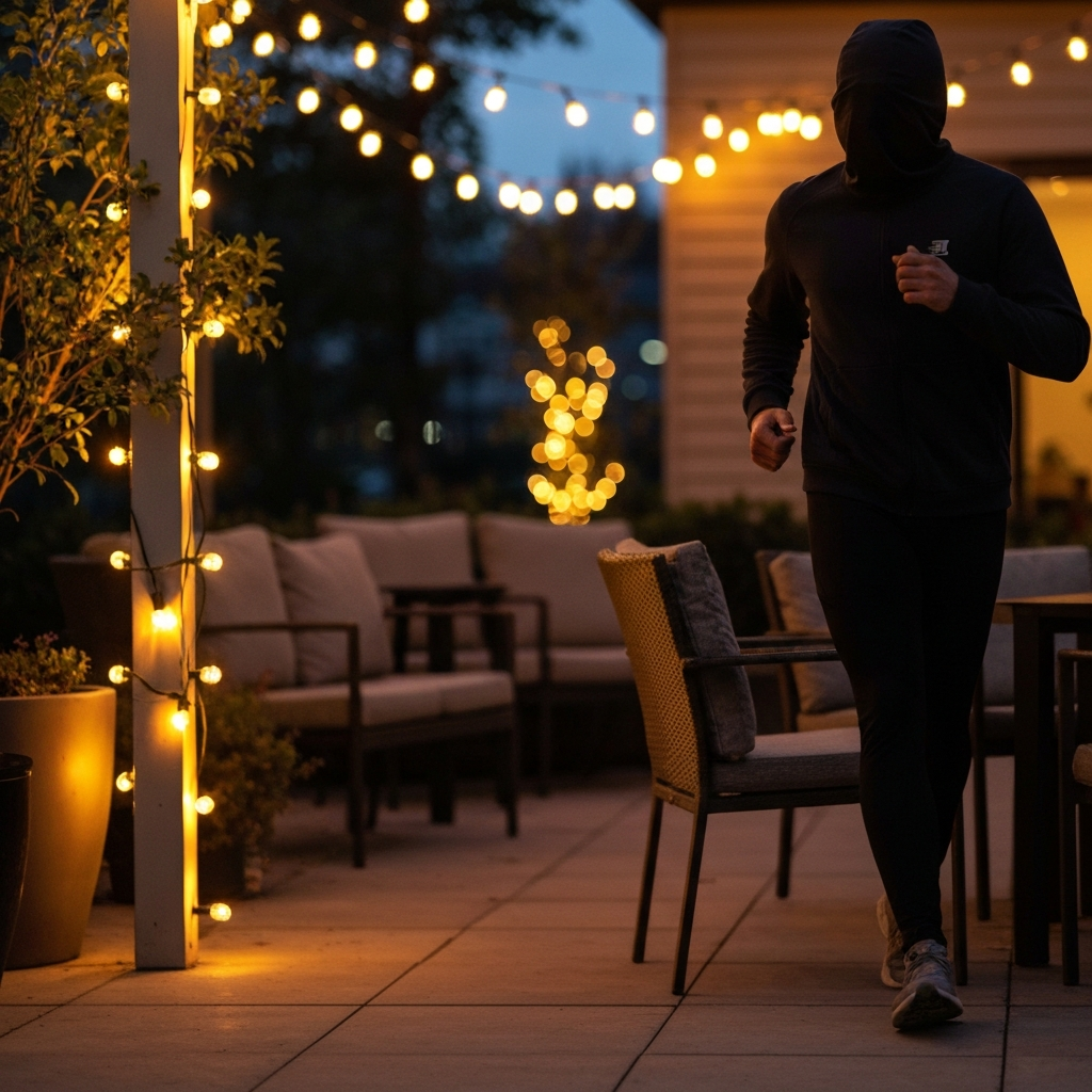 String lights illuminating a patio area at dusk, casting a warm glow on the furniture and plants, with a soft bokeh effect in the background.