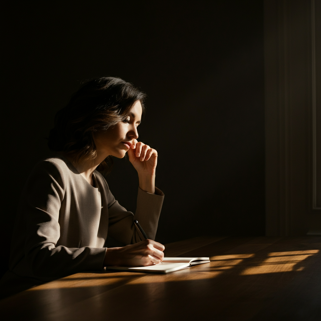 A woman sitting at a desk with a notebook, sunlight streaming through the window, highlighting the textures of the wood and paper. She is thoughtfully writing.