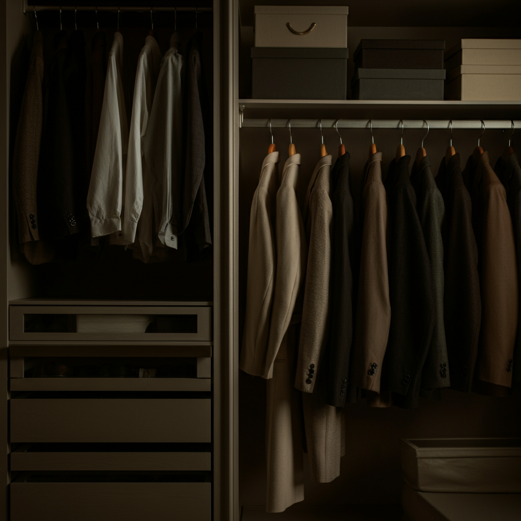 A partially organized closet with various clothing items hanging. Soft, diffused light illuminates the textures of different fabrics.