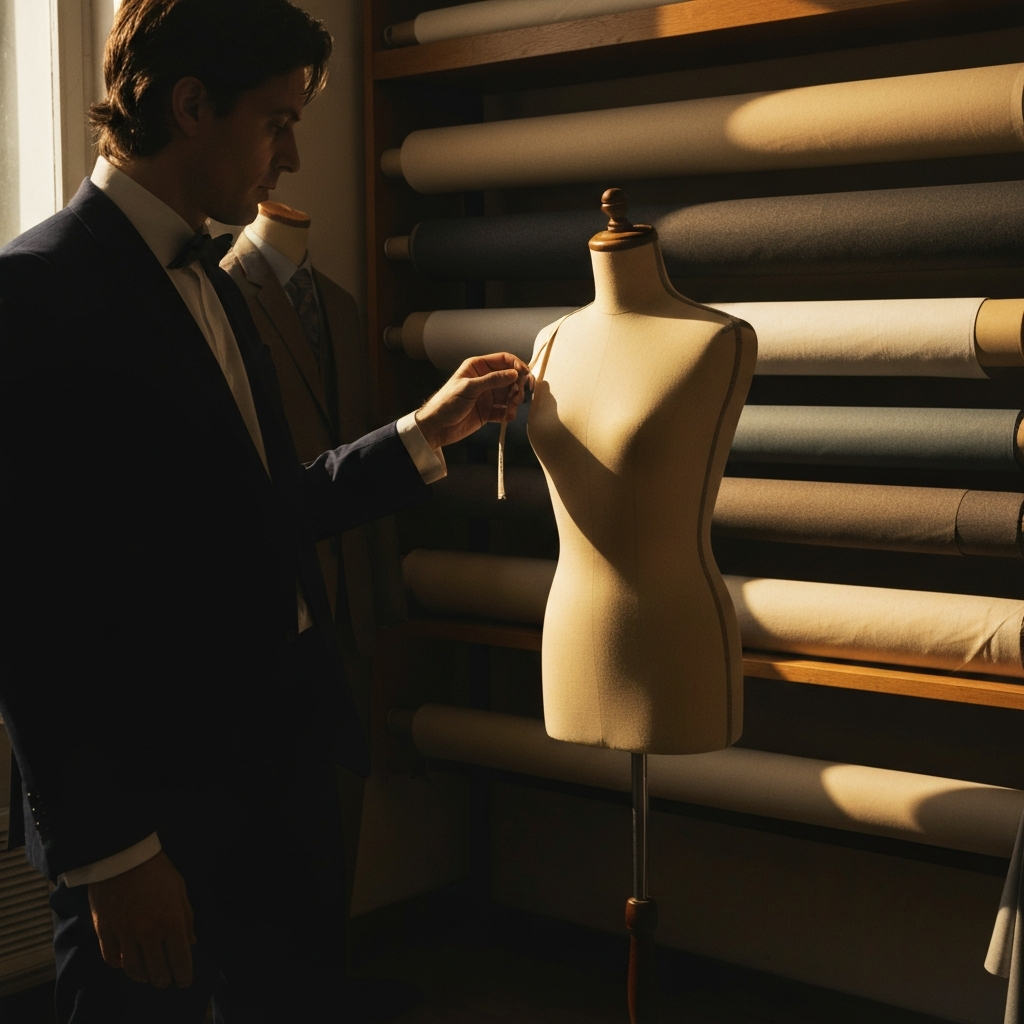 A tailor's shop with rolls of fabric in the background. Soft bokeh creates a depth of field, highlighting the tailor measuring a mannequin.