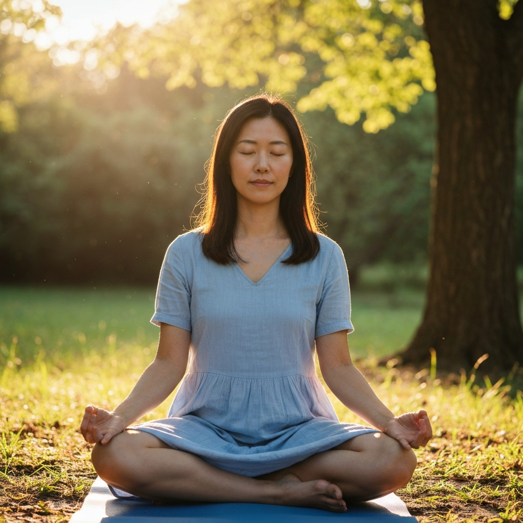 A woman meditating in a peaceful setting. Golden hour lighting creates a warm, serene atmosphere.