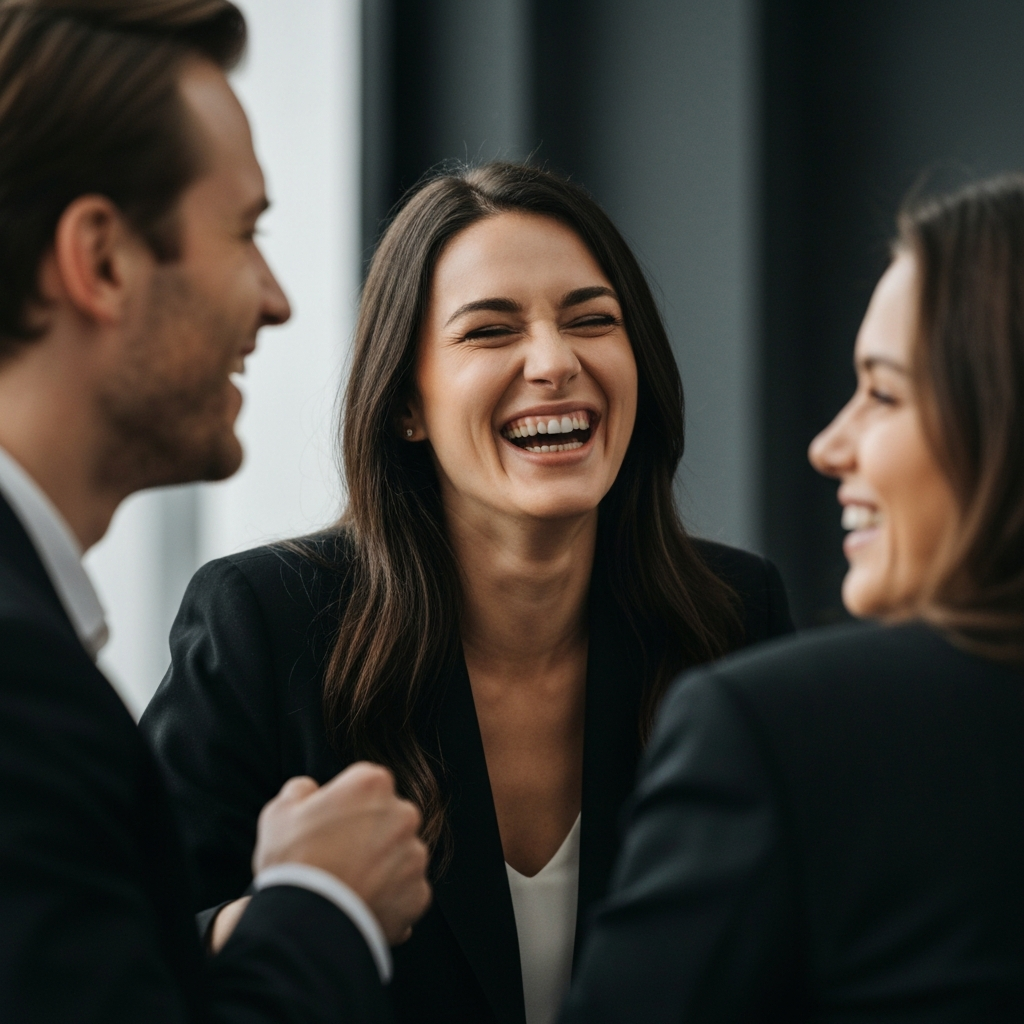 A person laughing with friends in a candid moment. The lighting is natural and warm, highlighting the genuine emotions on their faces.