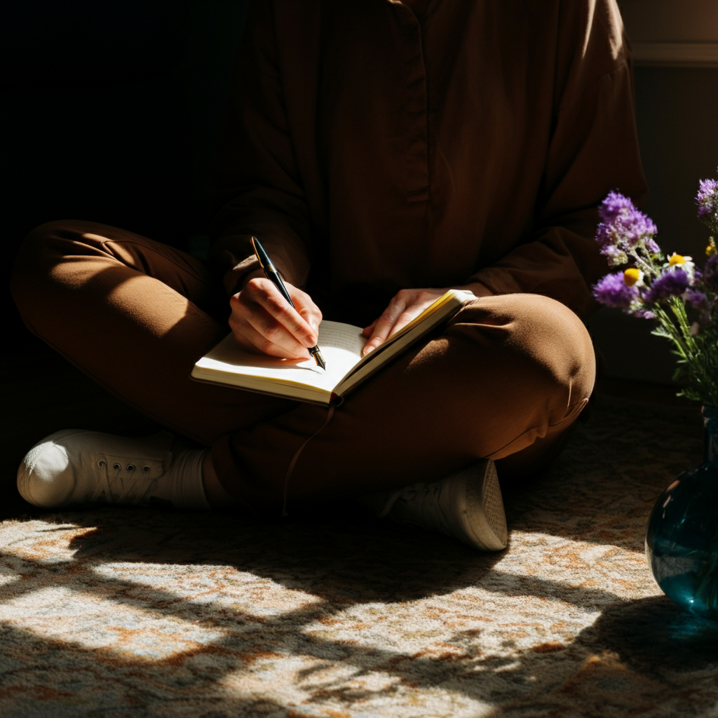 A person sitting cross-legged on a comfortable rug in a sun-drenched living room, writing in a journal. Soft, natural light streams in through a window, casting long shadows. The journal is leather-bound, and the pen is a classic fountain pen. A small vase of wildflowers sits nearby, slightly out of focus in the background.