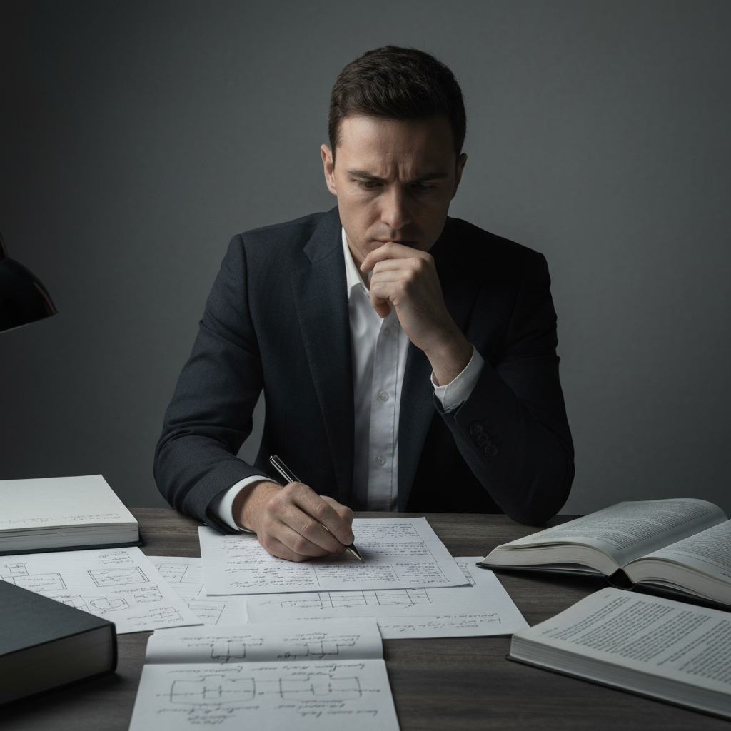A person sitting at a desk, surrounded by notes and books. The lighting is focused on the desk, highlighting the details of the handwritten notes and diagrams. The person is deep in thought, with a slight furrow in their brow.