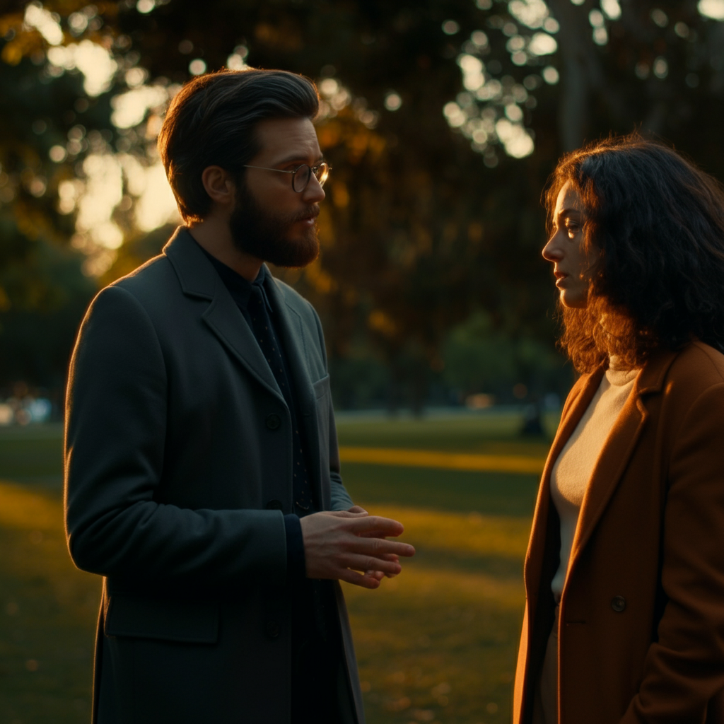 A group of friends having a thoughtful conversation in a park. Golden hour lighting casts a warm glow on their faces, emphasizing their expressions and interactions. The trees in the background are slightly blurred, creating a sense of depth.