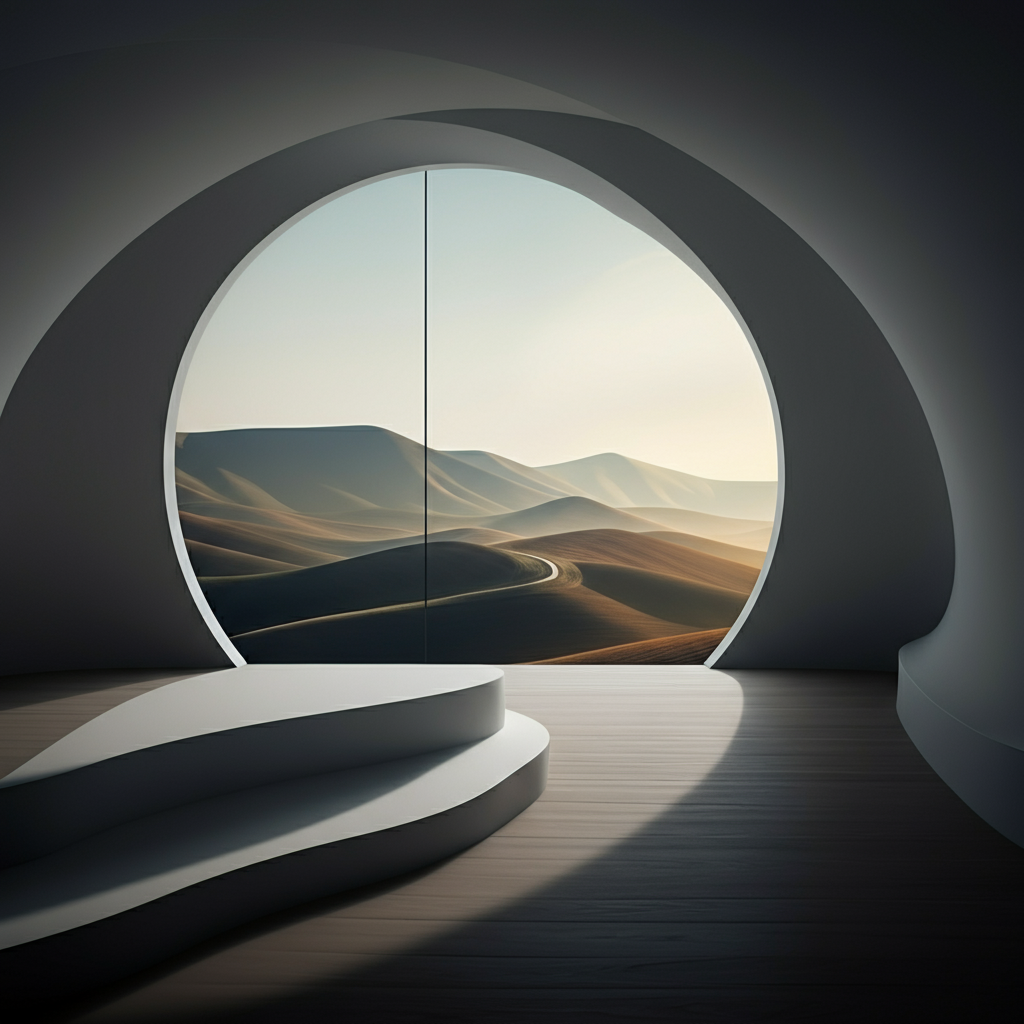 A serene landscape with rolling hills and a clear sky. The lighting is bright and natural, creating a sense of openness and possibility. A winding path leads off into the distance, symbolizing the ongoing journey of self-discovery.