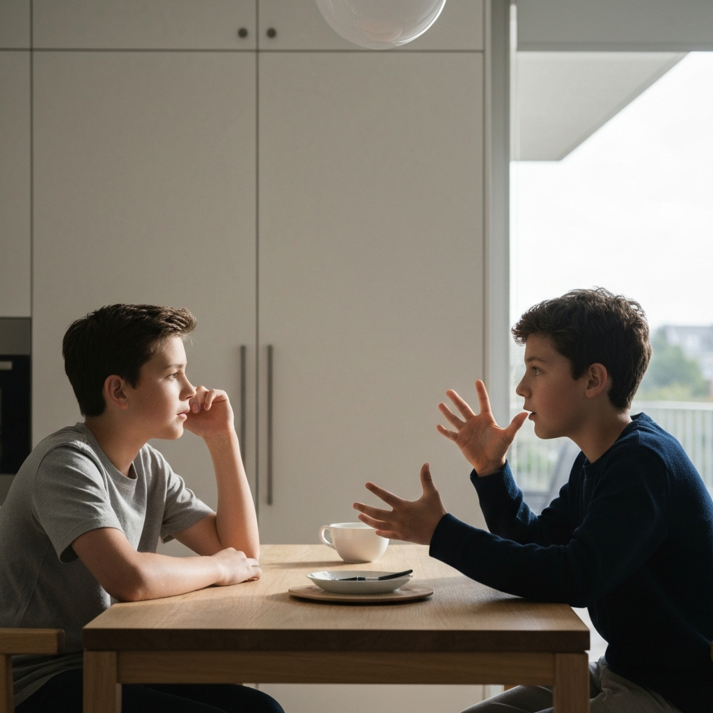 Two siblings are sitting at a kitchen table, engaged in conversation. The natural light from a nearby window casts soft shadows on their faces. One sibling is leaning forward, actively listening, while the other gestures with their hands, emphasizing a point. The scene conveys a sense of openness and mutual respect.
