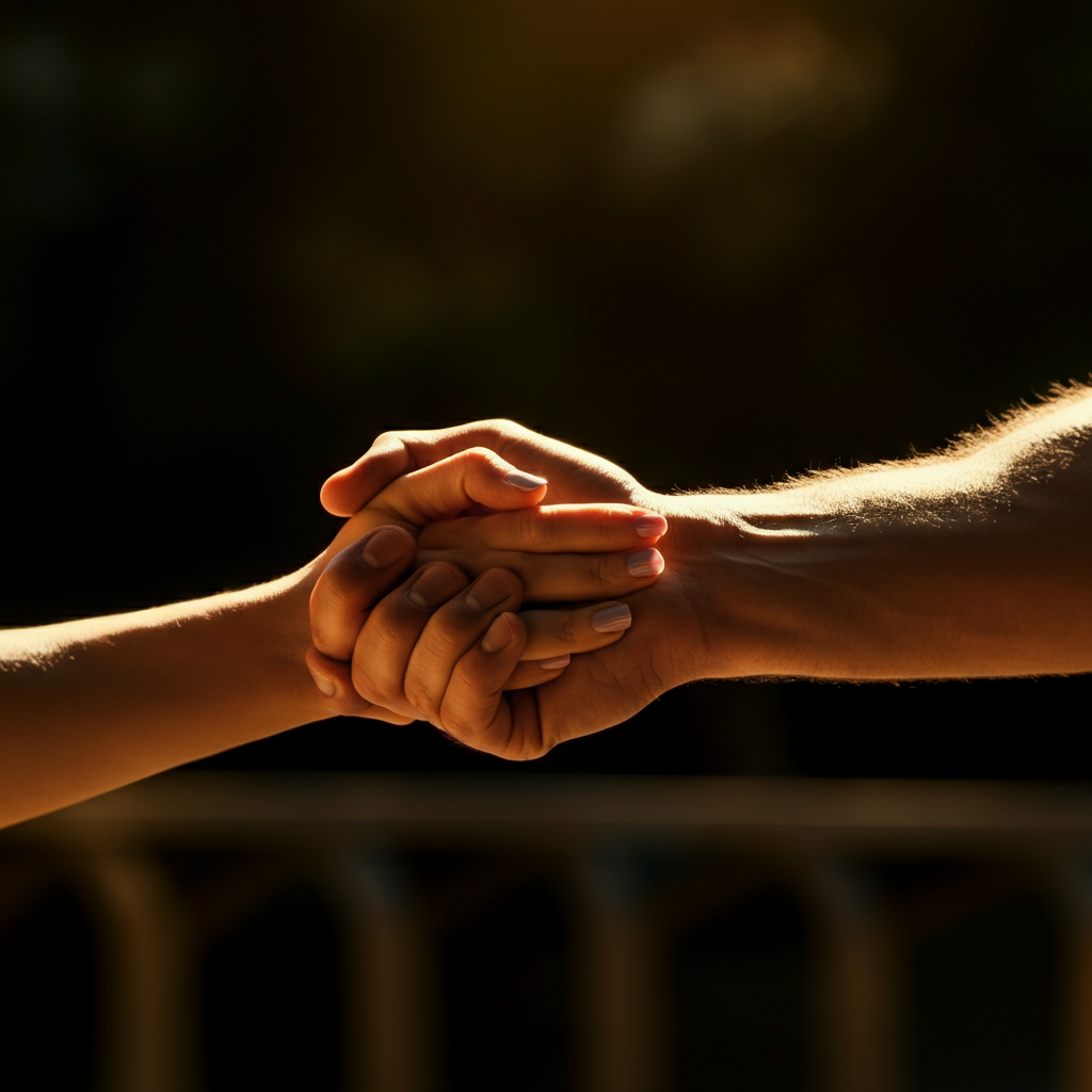 A close-up shot of two hands clasped together in a gesture of reconciliation. The lighting is warm and inviting, highlighting the subtle textures of the skin and the intertwined fingers. The background is blurred, emphasizing the connection between the two individuals.