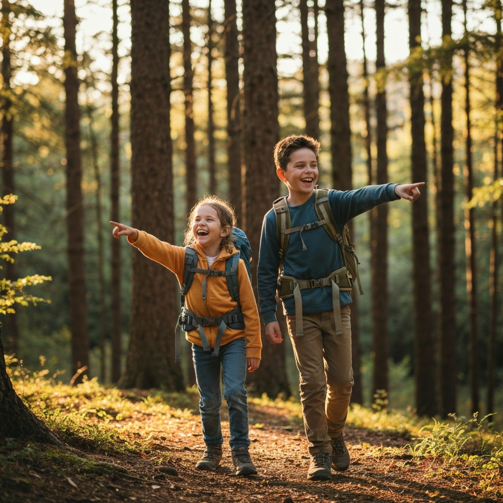 Two siblings are hiking in a forest, laughing and pointing at something in the distance. Golden hour lighting filters through the trees, casting long shadows and highlighting the textures of the leaves and bark. They are wearing comfortable hiking clothes and carrying backpacks, conveying a sense of adventure and shared enjoyment.