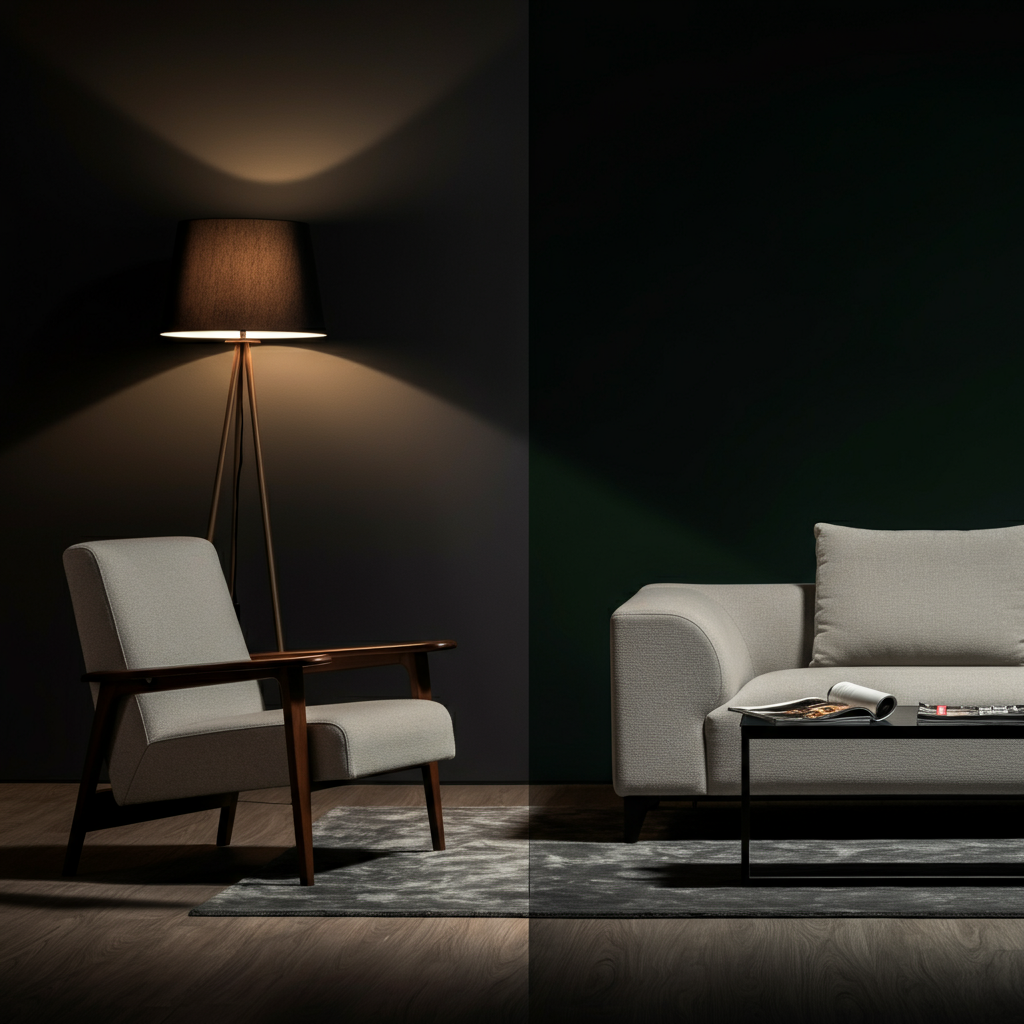 A modern living room with two separate seating areas. One area features a comfortable armchair with a reading lamp, while the other has a sofa and coffee table with magazines. The composition suggests a sense of shared space but also individual autonomy and personal boundaries. The lighting is soft and inviting, creating a relaxed atmosphere.