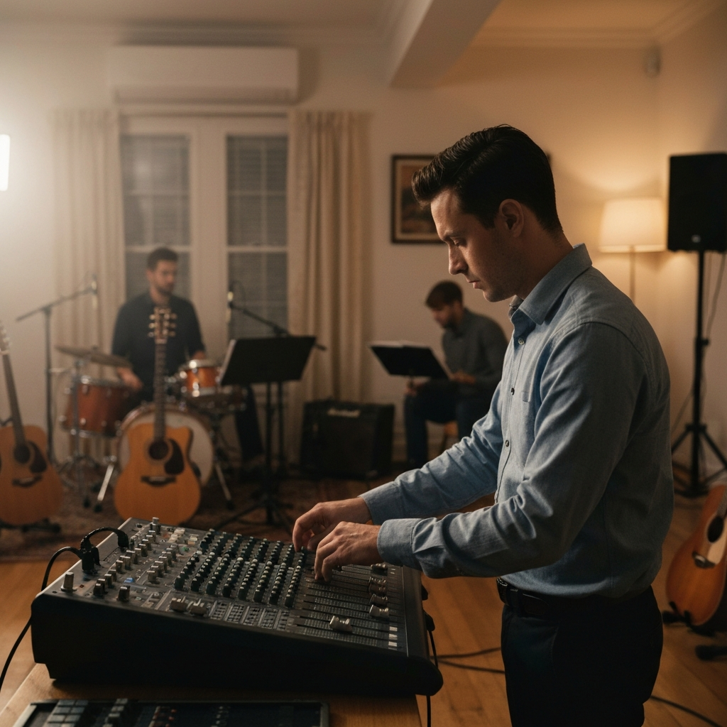 A living room filled with instruments, soft lighting, and a local band doing a sound check. Close up on a sound engineer adjusting levels on a mixing board.