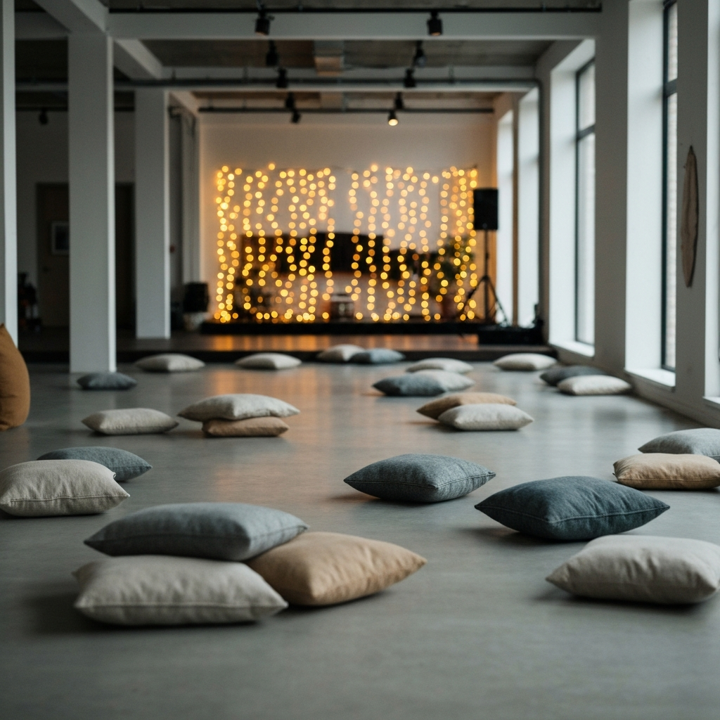 A wide shot of a living room with carefully arranged seating, throw pillows, and a small stage area with string lights. Soft bokeh in the background.